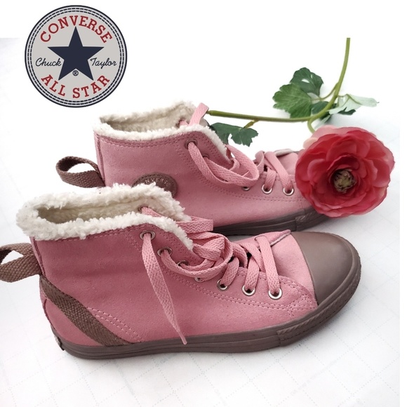 Converse Shoes - CONVERSE Pink Leather Fur High Top Sneakers
